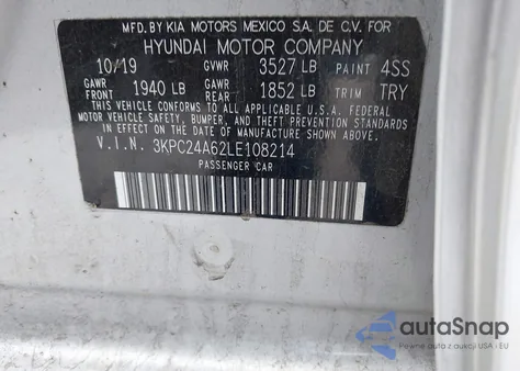 2020 Hyundai Accent Sel из США, поврежденный, VIN 3KPC24A62LE108214